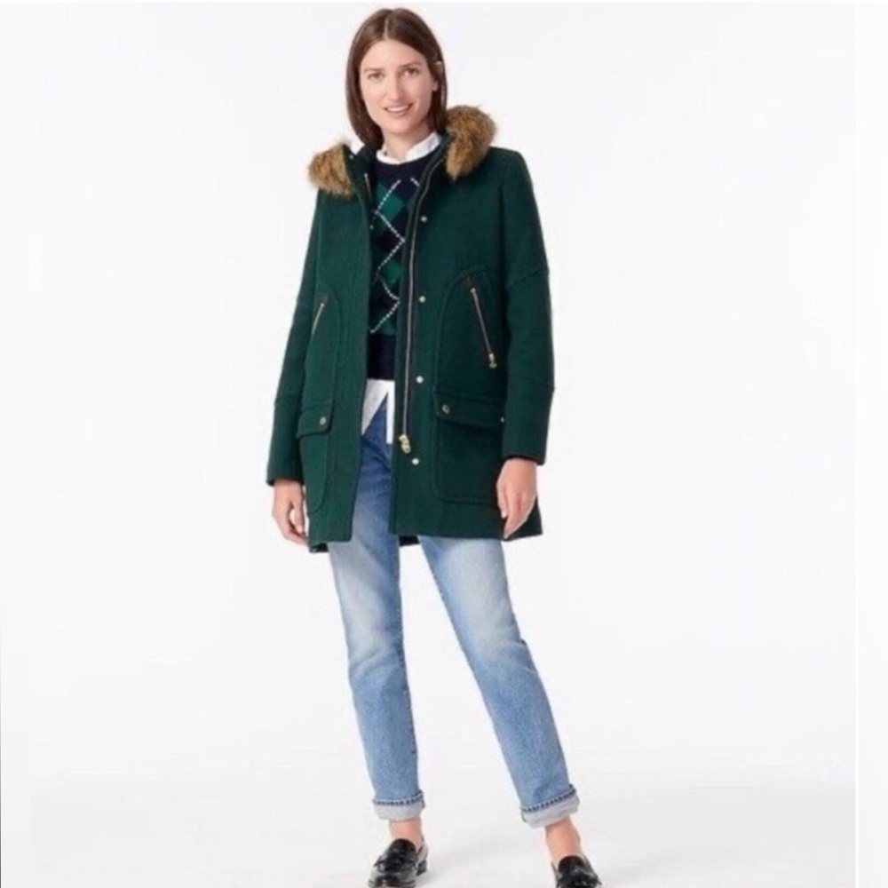 J. Crew Green Stadium Cloth Nello Gori Wool Pea Coat with Faux Fur Trim 8 Winter - Picture 7 of 7